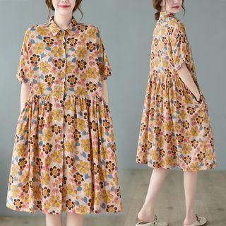 Short-sleeve Floral Print Midi Dress Green Flower - White - One Size
