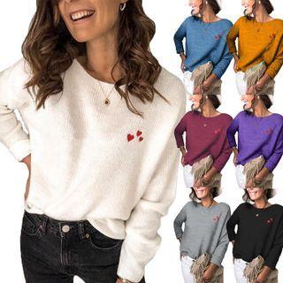 Long Sleeve Heart Embroidered Loose-fit Sweater
