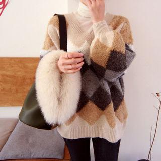 V-neck Patterned Sweater Beige - One Size