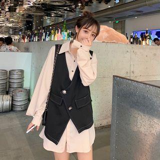 Set: Plain Long Shirt + Contrast Stitching Single-breasted Vest