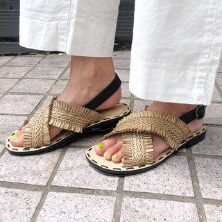 Fringed Woven-straw Slingback Sandals