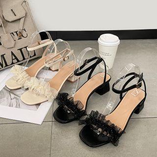 Mesh Ruffled Ankle-strap Chunky-heel Sandals