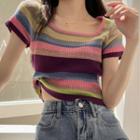 Short-sleeve Square Neck Color Block Striped Knit Top
