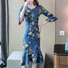 Elbow-sleeve Floral Print Midi Mermaid Dress