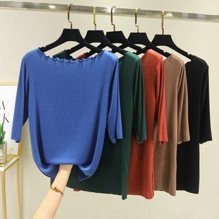 Elbow-sleeve Lettuce Edge Ribbed T-shirt