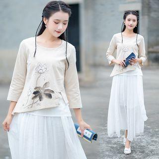 Traditional Chinese Mock Two-piece 3/4-sleeve Top / Midi Skirt