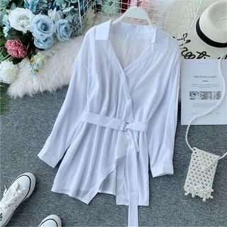 Asymmetric-hem V-neck Long-sleeve Shirt With Belt