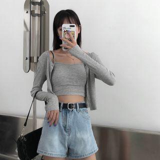 Set: Plain Cropped Camisole + Cardigan