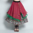 Embroidered Midi A-line Skirt Wine Red - One Size