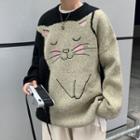 Two-tone Cat Print Sweater
