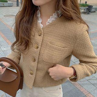 Tweed Buttoned Jacket / Long-sleeve Lace-panel Top