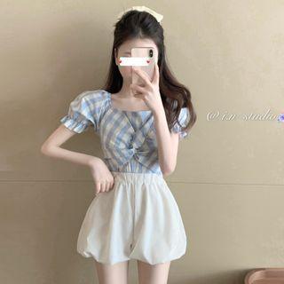 Knotted Checker Crop Top / High-waist Balloon Shorts