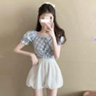 Knotted Checker Crop Top / High-waist Balloon Shorts
