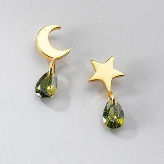 Moon & Star Sterling Silver Faux Crystal Earring 1 Pair - Moon & Star Sterling Silver Faux Crystal Earring - Gold - One Size