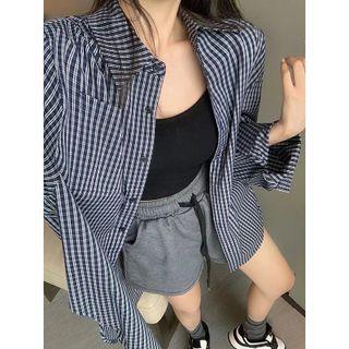 Long-sleeve Check Loose-fit Shirt Dark Blue - One Size