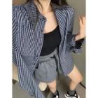 Long-sleeve Check Loose-fit Shirt Dark Blue - One Size