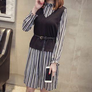 Set: Patterned Long-sleeve Dress + V-neck Vest With Belt