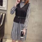 Set: Patterned Long-sleeve Dress + V-neck Vest With Belt