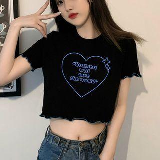 Short-sleeve Lettering Print Cropped T-shirt Black - One Size