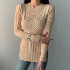 Set: Crew-neck Long-sleeve Knit Top + Knit Camisole Top