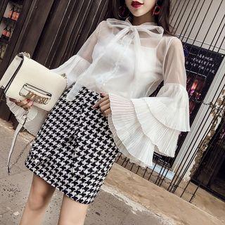 Set: Tiered Long-sleeve Blouse + Spaghetti Strap Top + Houndstooth Mini Skirt