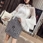 Set: Tiered Long-sleeve Blouse + Spaghetti Strap Top + Houndstooth Mini Skirt