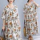Elbow-sleeve Floral Midi Oversized Dress Floral - Tangerine & Red - One Size