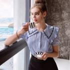 Short-sleeve Ruffle Trim Embroidered Collar Blouse