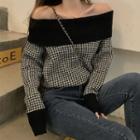 Off-shoulder Houndstooth Long-sleeve Sweater Black - One Size
