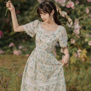 Short-sleeve Floral Print Lace Trim Tiered Midi A-line Dress