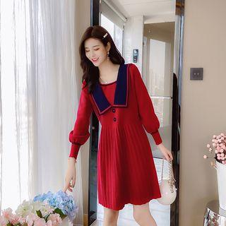 Long-sleeve Contrast Trim Pleated Dress