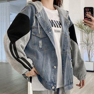 Paneled Hooded Distressed Denim Jacket