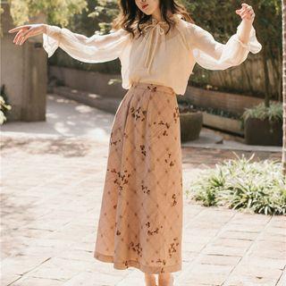 Set: Lace-up Blouse + Camisole Top + Floral Midi A-line Skirt