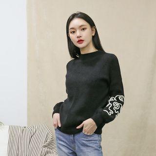 Mock-neck Appliqu -detail Knit Top