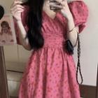 Short-sleeve Floral A-line Dress Rose Pink - One Size