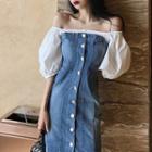 Elbow-sleeve Denim Paneled Buttoned A-line Mini Dress