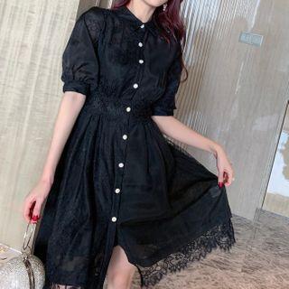 Elbow-sleeve Lace Trim A-line Shirtdress