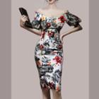 Set: Puff-sleeve Floral Blouse + Midi Pencil Skirt
