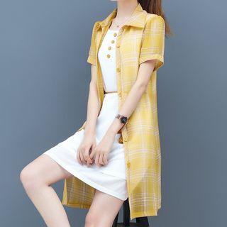 Set: Chiffon Sleeveless A-line Dress + Plaid Short-sleeve Long Shirt