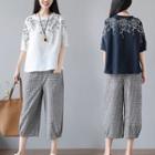 Set: Elbow-sleeve Embroidered Top + Gingham Cropped Pants