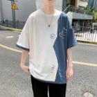 Elbow-sleeve Cartoon Print Two-tone T-shirt / Sweatshorts