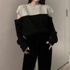 Two-tone Cold-shoulder Cropped Sweater Black - One Size