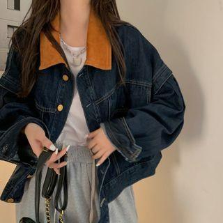 Color Block Lapel Denim Jacket Dark Blue - One Size