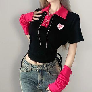 Set: Short-sleeve Chained Crop Polo Shirt + Arm Sleeves