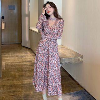 Bell-sleeve Shirred Floral Print Midi A-line Dress