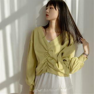 V Neck Plain Pleated Long-sleeve Blouse