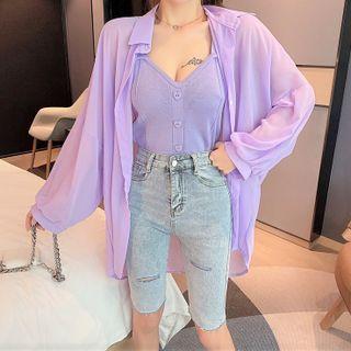 Long-sleeve Shirt / Cropped Camisole Top / Denim Skinny Shorts