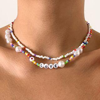 Set: Soft Clay Bead Choker + Faux Pearl Choker Set Of 2 - Soft Clay Bead Choker & Faux Pearl Choker - White - One Size