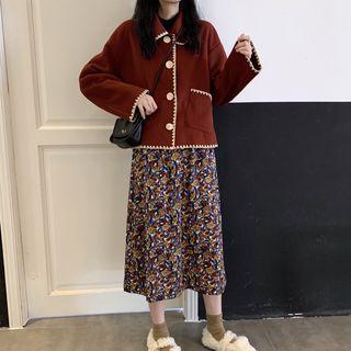 Contrast Trim Button Jacket / Printed Midi A-line Skirt