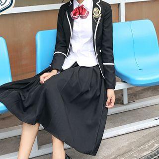 Set: Plain Shirt + Pleated Midi Skirt + Blazer + Neck Tie